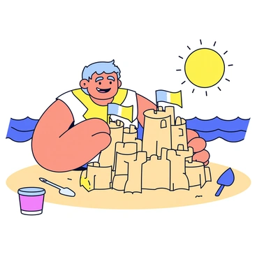 A Goliath character with a friendly expression is sitting on a sandy beach. He is using his large hands to shape and construct massive sandcastles. The sandcastles feature tall towers and intricate designs, showcasing windows and flags made of colorful cloth. Nearby, a bucket and a spade are placed in the sand, hinting at the playful activity. Waves are gently rolling in the background, and a bright sun is shining in the clear sky.