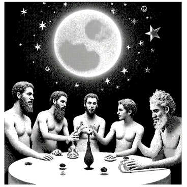 A group of ancient gods is gathered around a celestial table, each portrayed with distinct attributes and features. One god is holding a compass, representing precision, while another is gesturing with their hands, surrounded by swirling mathematical symbols. A third god is depicted with a large abacus, symbolizing calculation, as they weave intricate patterns in the air. In the background, a cosmic scene unfolds, displaying stars and galaxies forming from a combination of geometric shapes and math symbols. Each god's expression conveys focus and determination, reflecting their role in the creation of the universe. The overall composition emphasizes the harmony between mythology and mathematics.