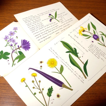 An antique herbarium page is spread out on a wooden table. The page features a collection of pressed flowers, including a purple violet and a yellow dandelion, arranged with care. There are various handwritten annotations in the margins, detailing the names and characteristics of each flower in elegant cursive script. The background of the page is slightly yellowed with age, adding to its vintage charm. Each flower is meticulously positioned, showcasing their delicate petals and stems. The overall composition emphasizes the beauty of nature and the history of botanical study.