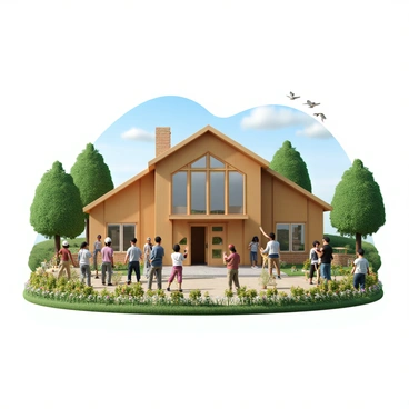 A diverse group of people, including individuals of different ages, ethnicities, and genders, is actively engaged in constructing a large community center. Some people are holding wooden beams, while others are using tools like hammers and drills. The community center is designed with large windows and a welcoming entrance. Surrounding the construction site are lush green trees, colorful wildflowers, and a clear blue sky. A few birds can be seen flying in the background, enhancing the natural environment.
