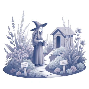 A lush garden filled with various exotic plants. There are tall, vibrant leaves and unusual flowers with intricate shapes. In the center of the garden, a friendly witch is tending to the plants. She wears a long robe and has a wide-brimmed hat. Her hair flows down to her shoulders, and she holds a small watering can, nurturing the herbs. Small wooden signs with names of magical herbs are placed throughout the garden. A stone path winds through the greenery, leading to a small wooden shed in the background.