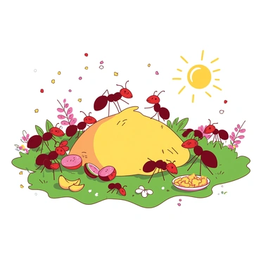 A group of red ants is gathered around a large yellow pile of food in the center of a grassy meadow. Some ants are dancing joyfully, while others are carrying small pieces of fruit or grain back to their anthill nearby. Colorful leaves and small flowers surround the ants, adding to the festive atmosphere. In the background, there are tiny confetti-like specks falling from above, creating a celebratory mood among the ants. The sun shines brightly, casting a warm glow over the entire scene.