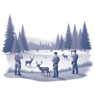A Canadian wildlife reserve with expansive forests and grassy meadows. The scene includes several rangers dressed in camouflage uniforms, equipped with binoculars and walkie-talkies, actively monitoring the area. They are positioned strategically around the reserve, some observing wildlife through binoculars, while others are guiding small groups of visitors. Various animals, such as deer and elk, are visible in the background, peacefully grazing under the watchful eye of the rangers. The environment is lush, filled with tall trees and vibrant plants, symbolizing the ongoing efforts for nature protection.