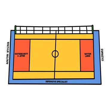 A diagram of a volleyball court with player positions and markings clearly labeled