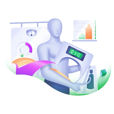 A digital caliper is positioned on the arm of a "digital avatar" with a sleek, modern design. The avatar has a neutral expression and is portrayed with a smooth, stylized body. The caliper displays a digital readout showing "Body Fat Percentage" in clear numbers. Surrounding the avatar are various measurement indicators, including a scale and a body composition chart, emphasizing the context of body measurements. The background is minimalistic to keep the focus on the avatar and the caliper.