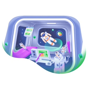 An interior set of a futuristic space station with astronauts floating in zero gravity