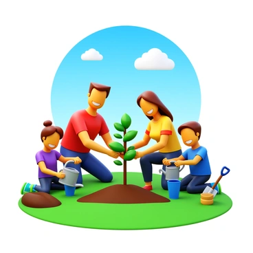 A family of four, consisting of two adults and two children, is planting a young tree in a green open space. The adults are kneeling beside the small tree, placing it into a hole they have just dug. The children are holding a watering can, ready to water the newly planted tree. The scene is filled with vibrant green grass, and the sky is bright blue with a few fluffy white clouds. Nearby, there are gardening tools, including a spade and a small bucket. They are all smiling and wearing casual outdoor clothing, illustrating a sense of teamwork and environmental awareness.