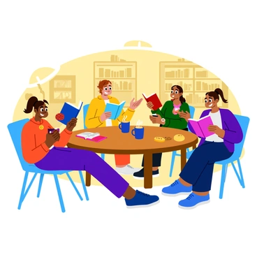 A cozy indoor setting with a round wooden table surrounded by friends. Each friend holds a different book, and they are animatedly discussing their latest read. There are colorful book covers visible, showcasing a variety of genres. On the table, there are steaming mugs of tea and coffee, along with some snacks, like cookies and fruit. The room is filled with warm lighting from a nearby lamp, and bookshelves lined with various books can be seen in the background. Each friend displays different expressions of enthusiasm and engagement as they share their thoughts.