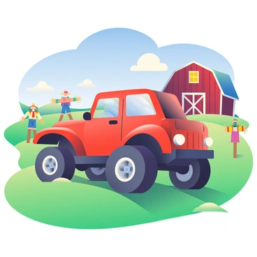 A large, rugged 4x4 vehicle with a shiny red exterior is driving through a vibrant green farm field. The wheels are partially covered in mud, indicating off-road travel. In the background, there is a classic wooden barn painted a deep shade of red with white trim, sunlight reflecting off its surface. Scattered throughout the field are several scarecrows, each dressed in colorful clothing and standing on wooden posts, with straw peeking out from their hats. A clear blue sky overhead is dotted with a few fluffy white clouds.