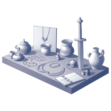 A collection of historic dowry items from various cultures arranged on a table. The items include intricately designed jewelry, such as necklaces and bangles, crafted from precious metals and adorned with gemstones. There are traditional textiles, featuring elaborate embroidery and patterns, neatly folded next to decorative pottery with unique shapes and glazes. Additionally, there are items such as ceremonial swords and ornate boxes that showcase cultural craftsmanship. Each item reflects the heritage and craftsmanship of the respective culture, creating a diverse and rich display.