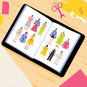 A tablet with a sleek black frame sits on a wooden table. The screen of the tablet displays a vibrant digital fashion illustration book filled with colorful sketches of clothing designs. Each page showcases a variety of outfits, including dresses, suits, and accessories, with intricate details and patterns. The illustrations are bright and eye-catching, featuring a mix of bold colors and delicate lines. In the background, there are scattered fabric swatches and a pair of fashionable scissors, emphasizing the theme of fashion design.