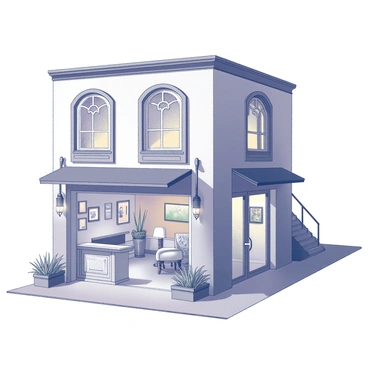 A small boutique hotel with a charming facade featuring elaborate window designs. The entrance is adorned with a decorative door, flanked by potted plants on either side. Inside, the lobby showcases an array of unique furnishings, including a vintage reception desk and eclectic seating arrangements. The walls are decorated with various artistic pieces, creating a vibrant atmosphere. Soft lighting highlights the intricate details of the decor, while a staircase leads to the upper floors, inviting guests to explore further.