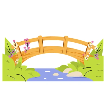 A wooden bridge with a weathered texture spans across a small, gently flowing stream. The bridge is adorned with vibrant climbing flowers, showcasing an array of colors including pink, purple, and white, draping down from the sides. The stream below reflects the surrounding greenery, with smooth pebbles visible beneath the clear water. Lush foliage frames both sides of the scene, enhancing the natural beauty of the setting.