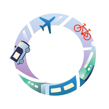 A logo is designed with a continuous loop at its center, symbolizing unity and connection. The loop features various transport modes integrated into its design. On one side, a sleek silver car is shown, representing road travel. Next to it, a bright red bicycle is included, symbolizing eco-friendly transport. A blue airplane is positioned above the loop, indicating air travel. Below, a green train is depicted, highlighting rail transport. Each mode transitions smoothly into the next along the loop, showcasing a seamless connection between different transportation methods. The overall color scheme includes vibrant shades to enhance visibility and appeal.