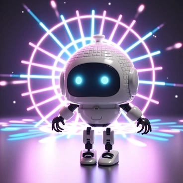 A robot, designed to resemble a disco ball, with a shiny, mirrored surface composed of numerous small square facets. The robot is round and has mechanical limbs that extend from its body, integrating a futuristic design. Bright, colorful lights are reflecting off its surface, casting vibrant patterns in all directions. The environment around the robot is filled with dynamic beams of light, enhancing the disco atmosphere, while the robot stands in a neutral pose, ready to dance.