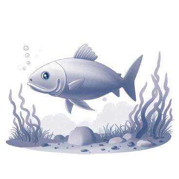 A large prehistoric fish with a streamlined body and prominent fins is swimming gracefully through an ancient underwater environment. The fish has a wide mouth and sharp teeth, indicative of a predator. Surrounding the fish is dense seaweed, with long, flowing fronds swaying gently in the water currents. The background reveals rocky formations and scattered pebbles on the ocean floor, contributing to the impression of an ancient marine ecosystem. Bubbles rise around the fish, enhancing the dynamic movement of the scene.