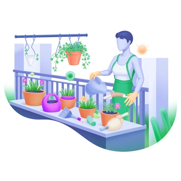 A person with an ectomorph body type is tending to a small urban garden on a sunny balcony. The individual is watering potted plants, which include vibrant herbs and colorful flowers. Surrounding them are various gardening tools, such as a watering can, a small rake, and a pair of gardening gloves. The balcony railing is adorned with hanging planters, showcasing trailing vines and blooming plants. Sunlight casts gentle shadows, enhancing the cheerful atmosphere of the scene.