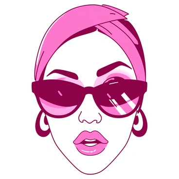 A pink face with striking bold makeup featuring dramatic eyeliner and vibrant lipstick. The lips are painted in a glossy shade that complements the makeup. The face is adorned with trendy accessories, including oversized earrings and a sleek headband that adds flair. A stylish pair of sunglasses rests on the bridge of the nose, reflecting light. The overall look embodies contemporary fashion, with attention to detail in the makeup and accessories.
