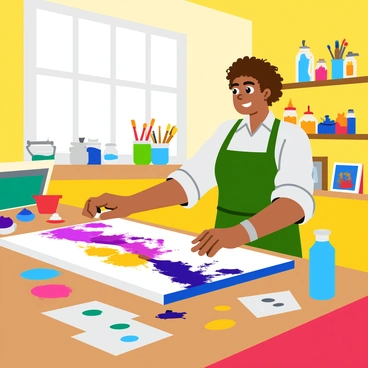 An artist with short curly hair wearing a paint-splattered apron is standing in a bright Newcastle art studio. The artist is intently focused on a large canvas that displays vibrant splashes of color and intricate textures from various mixed media techniques. The studio is filled with an array of art supplies, including paint tubes, brushes, and different types of paper scattered across a wooden table. Sunlight streams in through large windows, illuminating the space and creating lively reflections on the walls decorated with colorful artwork. In the background, a shelf is lined with jars filled with brushes and other creative tools.