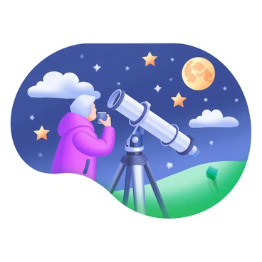 A modern pastel illustration featuring a photographer standing next to a telescope, capturing images of a star-filled night sky. The sky is adorned with numerous twinkling stars and a glowing full moon. The photographer is focused, wearing a cozy jacket, and holding a camera aimed at the telescope. Surrounding them are scattered clouds, adding depth to the scene. A grassy hill is visible beneath their feet, enhancing the outdoor setting.