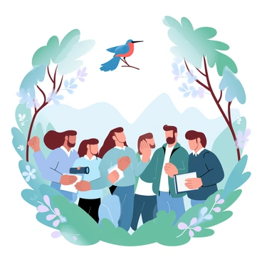A group of birdwatchers is standing together in a lush forest. They are holding binoculars and looking up towards the trees. Each birdwatcher is wearing a different colored jacket, and some are taking notes in small notebooks. In the trees above them, a rare bird with vibrant plumage is perched on a branch. Surrounding the scene are various types of green foliage and scattered wildflowers. A faint outline of mountains can be seen in the background.