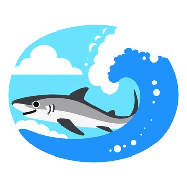 A sleek barracuda with shimmering silver scales is surfing along the crest of a bright blue ocean wave. The wave is tall and curling, with foamy white tips that splash around the barracuda as it glides effortlessly. The sunlight sparkles on the water's surface, highlighting the barracuda's streamlined body and sharp teeth. Small droplets of water are captured in mid-air, creating a dynamic and exciting scene. In the background, the horizon stretches out, showcasing a clear sky with a few fluffy white clouds.