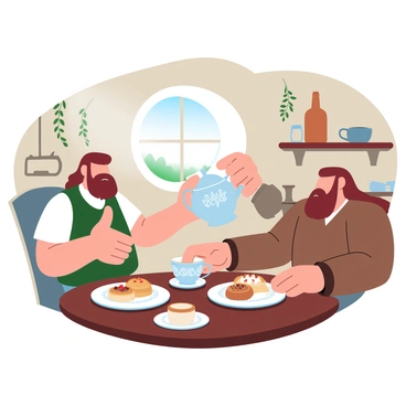Two hobbits are seated at a wooden table in a cozy kitchen, surrounded by warm, inviting decor. One hobbit, wearing a green vest, is pouring steaming tea from a ceramic teapot into ornate cups. The other hobbit, dressed in a brown shirt, is reaching for a plate filled with various pastries such as scones and tarts. Sunlight filters through the window, casting soft shadows across the rustic kitchen, which is adorned with hanging herbs and vintage cooking utensils. A small, round window allows a glimpse of the lush garden outside, enhancing the warm atmosphere.