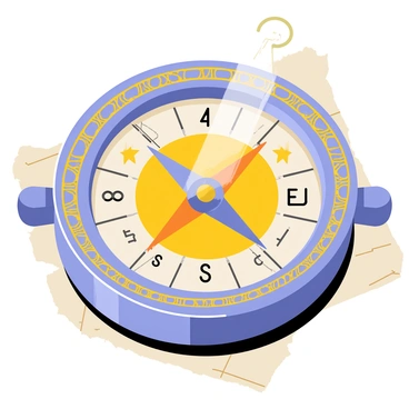 An intricate compass with a circular metallic body featuring ornate engravings. The compass has a glass cover that reveals a vibrant, luminescent base, illuminating glowing runes that are etched around the edges. The needle of the compass points towards unknown destinations, with each direction represented by an ancient symbol. The background includes faint hints of a map, suggesting adventure and exploration.