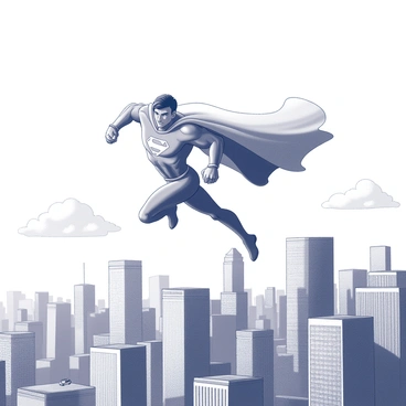 A dynamic scene of a superhero in action flying over a cityscape
