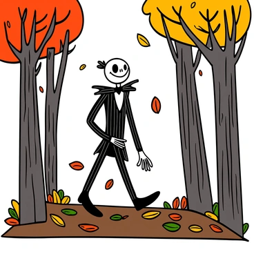 Jack Skellington, the slender, skeleton figure with a wide, grinning face, is strolling through an autumn forest. The trees are tall and adorned with vibrant orange, red, and yellow leaves that are gently falling around him. Jack is wearing his iconic black pinstripe suit with a bat-shaped bow tie. His long, bony fingers are tucked into his pockets as he walks along a path covered with a carpet of colorful leaves. The atmosphere is filled with a sense of whimsy and adventure, as the sunlight filters through the branches, casting playful shadows on the ground.