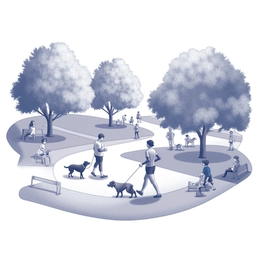 A city park filled with lush greenery and well-maintained pathways. Several individuals are jogging along the trails, with their athletic wear highlighting their movements. A variety of dog owners are walking their pets, some engaging in playful interactions, while others calmly stroll with leashes in hand. In the background, people are seated on benches, enjoying the fresh air and each other's company. Trees provide shade throughout the park, creating a lively yet harmonious atmosphere.