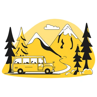 A large bus traveling along a winding mountain road. The bus has large windows and is painted in a neutral color. It is flanked by towering pine trees on both sides, their trunks straight and tall. The road curves gently to the left, revealing more of the scenic landscape ahead. In the background, there are rocky mountain peaks rising majestically into the sky. The sky is mostly clear, with a few wispy clouds visible. The scene conveys a sense of adventure and exploration.