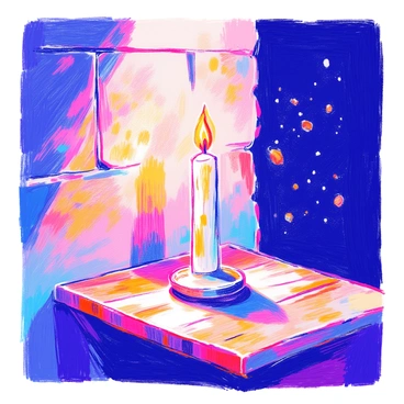A single candle stands on a wooden table in the center of a dimly lit room. The candle is tall with a smooth, white surface, and its flame flickers gently, casting a warm glow around. Shadows dance on the rough stone walls, creating a contrast between light and darkness. The flickering light highlights dust particles floating in the air. There are no other light sources in the room, emphasizing the solitary candle's illumination.