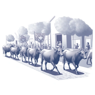 A parade of cows marching through a town. Each cow is adorned with a different type of banner featuring intricate patterns and designs. The cows are walking in a single file along a cobblestone street, surrounded by quaint buildings with windows and doors. The scene includes several onlookers, some waving and others taking photographs. There are trees lining the street, providing a natural frame to the festive atmosphere of the parade.