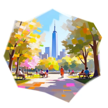 A distant view of the Empire State Building towering above the city skyline, as seen from the lush greenery of Central Park. The iconic building, with its distinct Art Deco design, is framed by trees with vibrant leaves, and patches of blooming flowers scattered across the park's landscape. The sky is a clear blue, providing a striking contrast to the stark lines of the skyscraper and the natural surroundings. Visitors in the foreground are enjoying the park, some walking along winding paths, while others are sitting on benches, all adding life to the serene scene.