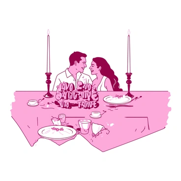 A pink and white table is elegantly set for a candlelit dinner, with two tall white candlesticks glowing softly at either end. In the center of the table, there is a decorative arrangement featuring the words "Save the Date" prominently displayed in a beautiful floral design. Surrounding the centerpiece, there are delicate plates, sparkling glassware, and silver cutlery arranged neatly. The couple, a man and a woman, are seated across from each other, smiling and looking into one another's eyes, creating a warm and intimate atmosphere. The soft glow of the candles adds a romantic touch to the scene.