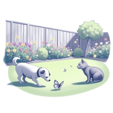 A sunny backyard filled with vibrant flowers and lush green grass. In the foreground, a small dog with a wagging tail is playfully chasing after a butterfly that flutters close to the ground. Nearby, a curious cat with a sleek coat is watching intently, its eyes fixed on the butterfly. The background features a wooden fence, slightly weathered, and a few trees providing shade. A colorful array of butterflies can be seen scattered throughout the scene, adding to the lively atmosphere.