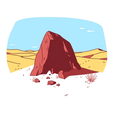 A solitary rock formation with jagged edges rises prominently in the middle of a vast, open desert landscape. The rock is a deep shade of red, contrasting sharply with the yellow sand dunes that stretch endlessly in every direction. In the background, the horizon blurs under the intense heat, creating a slight shimmer above the golden sands. Sparse tufts of dry grass cling to life around the base of the rock, and a few small scattered stones are visible in the foreground, adding texture to the arid scene. The sky overhead is a clear blue, enhancing the stark colors of the landscape below.