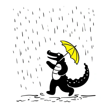 A crocodile walking on a wet street while holding a "bright yellow umbrella" overhead. Raindrops are falling, creating small puddles on the ground. The street is lined with cobblestones, and there are faint outlines of buildings in the background, blurred by the rain. The crocodile has textured scales visible along its body, and its posture is upright as it navigates the rainy environment.