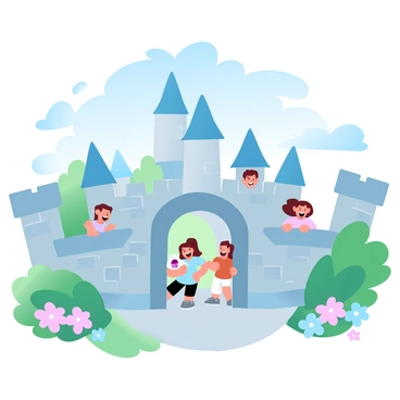 A majestic castle with tall spires and stone walls is surrounded by a lush green landscape. The castle gates are slightly open, revealing children peeking through with curious expressions. The children are dressed in colorful clothing, with some holding small toys. Flowers bloom in the foreground, adding vibrant colors to the scene. A clear blue sky provides a beautiful backdrop to the castle and children.