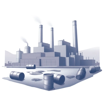 A large industrial chemical factory with multiple smokestacks emitting vapor. The factory structure is composed of metal and concrete, with several large tanks and pipes visible. Surrounding the factory, there are numerous waste barrels positioned haphazardly on the ground. Some of these barrels are visibly leaking, with liquid pooling on the earth, creating a stark contrast with the surrounding vegetation. The soil appears disturbed and discolored in areas where the waste has seeped in. In the background, the horizon is lined with a hazy sky, hinting at environmental impact.