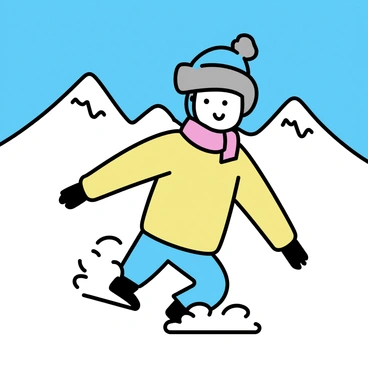 A solo adventurer, wearing a thick, insulated jacket and snow pants, is performing shoulder rolls on a snowy mountain peak. The snow covers the ground, glistening under the bright sunlight. The adventurer's face is partially obscured by a knitted hat and a scarf wrapped around their neck. In the background, snow-covered mountain tops rise dramatically against a clear blue sky. The adventurer's movements create small clouds of snow that billow around them as they roll.