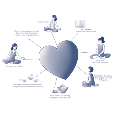 A large, detailed heart shape occupies the center of the image. Around the heart, various mindfulness practices are illustrated, each connected with a small line leading to a label. One practice shows a person meditating with legs crossed and eyes closed, labeled "Meditation: Focusing the mind to enhance awareness." Another depicts a figure practicing yoga, positioned in a balanced pose, labeled "Yoga: Bringing harmony between body and mind." A third illustration features a person journaling with a pen and notebook, labeled "Journaling: Reflecting on thoughts and feelings." Additionally, an image of a tea ceremony with a teapot and cups is included, labeled "Tea Ritual: Promoting relaxation and presence." Finally, there’s a depiction of a nature walk with footprints on a path, labeled "Nature Walk: Connecting with the environment for tranquility." Each mindfulness practice is clearly visualized, emphasizing its connection to the heart at the center.