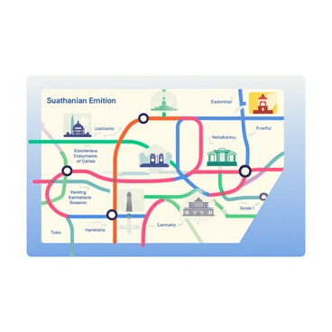 A subway map is laid out prominently in the image. The map is filled with various lines represented by bright colors, connecting different stations. Each station is marked with a small circle, and alongside them are icons depicting famous architectural sites and landmarks. For example, there is an icon of a tall skyscraper symbolizing a city skyline, a classic dome representing an ancient building, and a bridge icon illustrating a notable landmark. The background is a soft gradient of light blue transitioning to white, enhancing the visibility of the map details. Additionally, there are text labels next to each icon with the names of the sites in clear, bold letters.