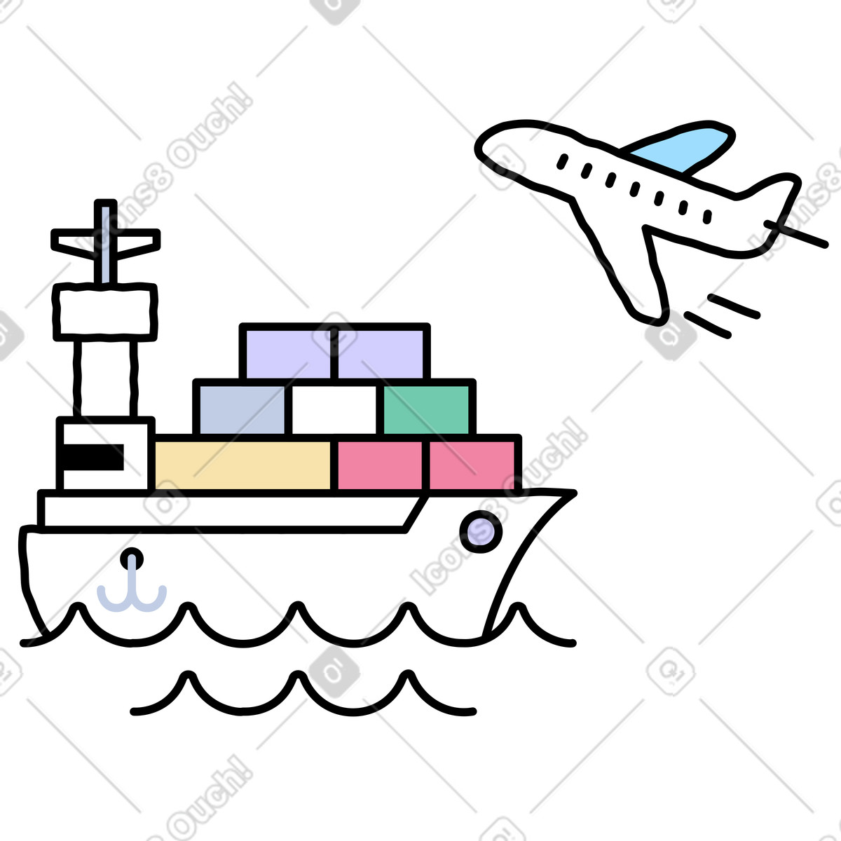 Illustration Marchandises transportées par boxship et avion dans le style Notes à télécharger aux formats PNG, SVG