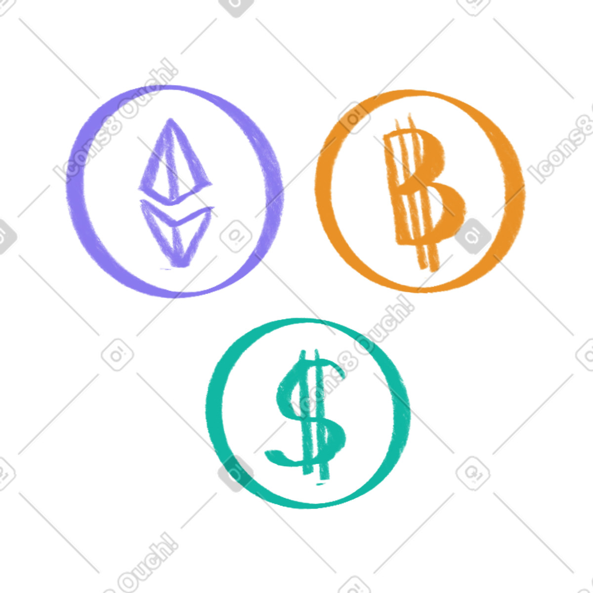 Illustration Symboles monétaires dollar, bitcoin et crypto dans le style Bonny à télécharger aux formats PNG, SVG