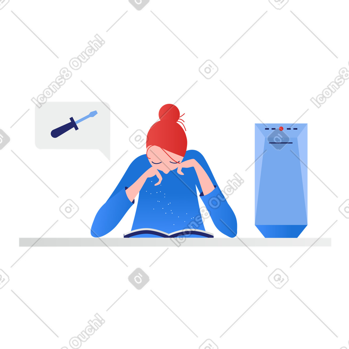 Woman studying instructions for assembling a computer illustration in Clip style download in PNG, SVG