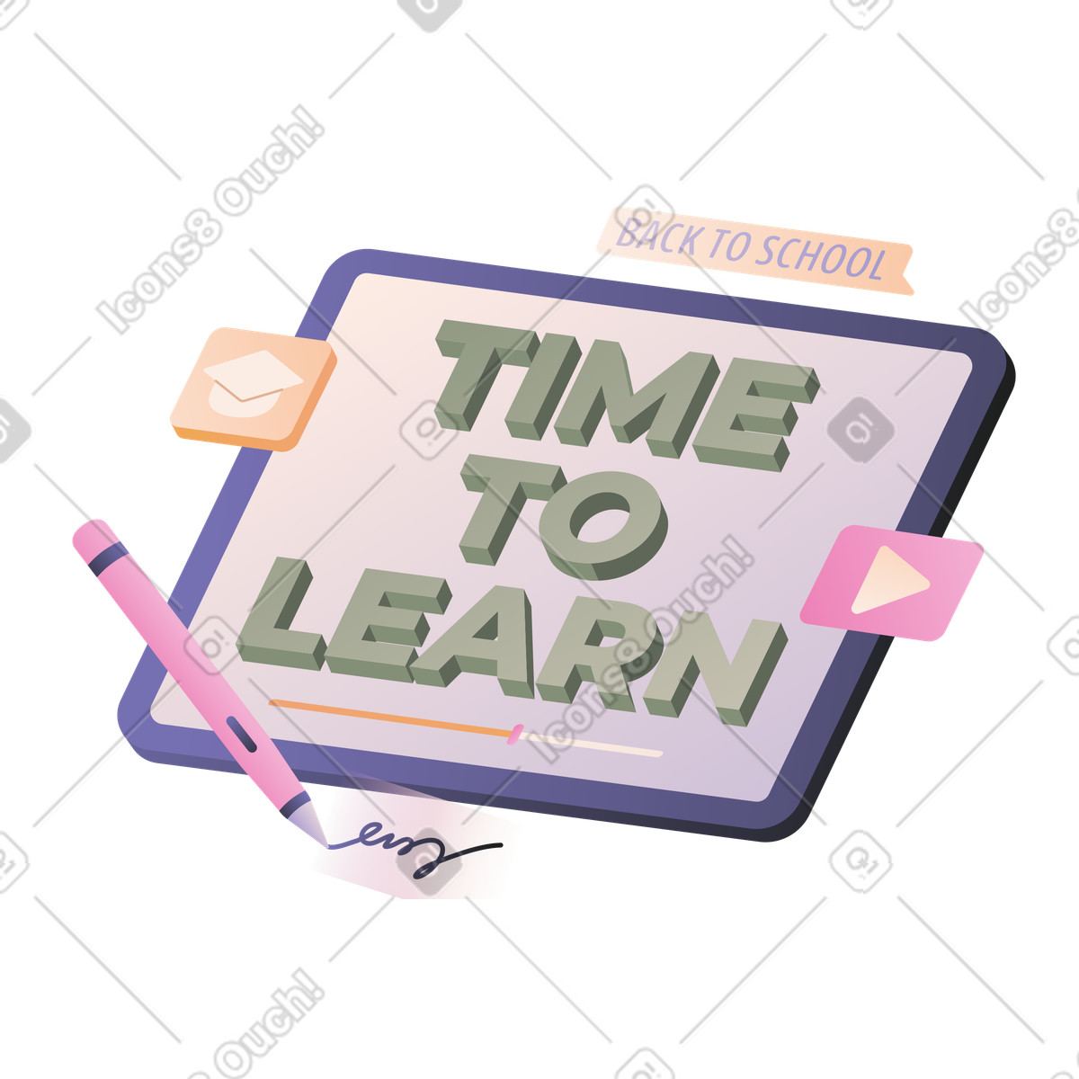 Lettering time to learn con matita e testo del cartello berretto di laurea illustrazione in stile Coworking scarica in PNG, SVG