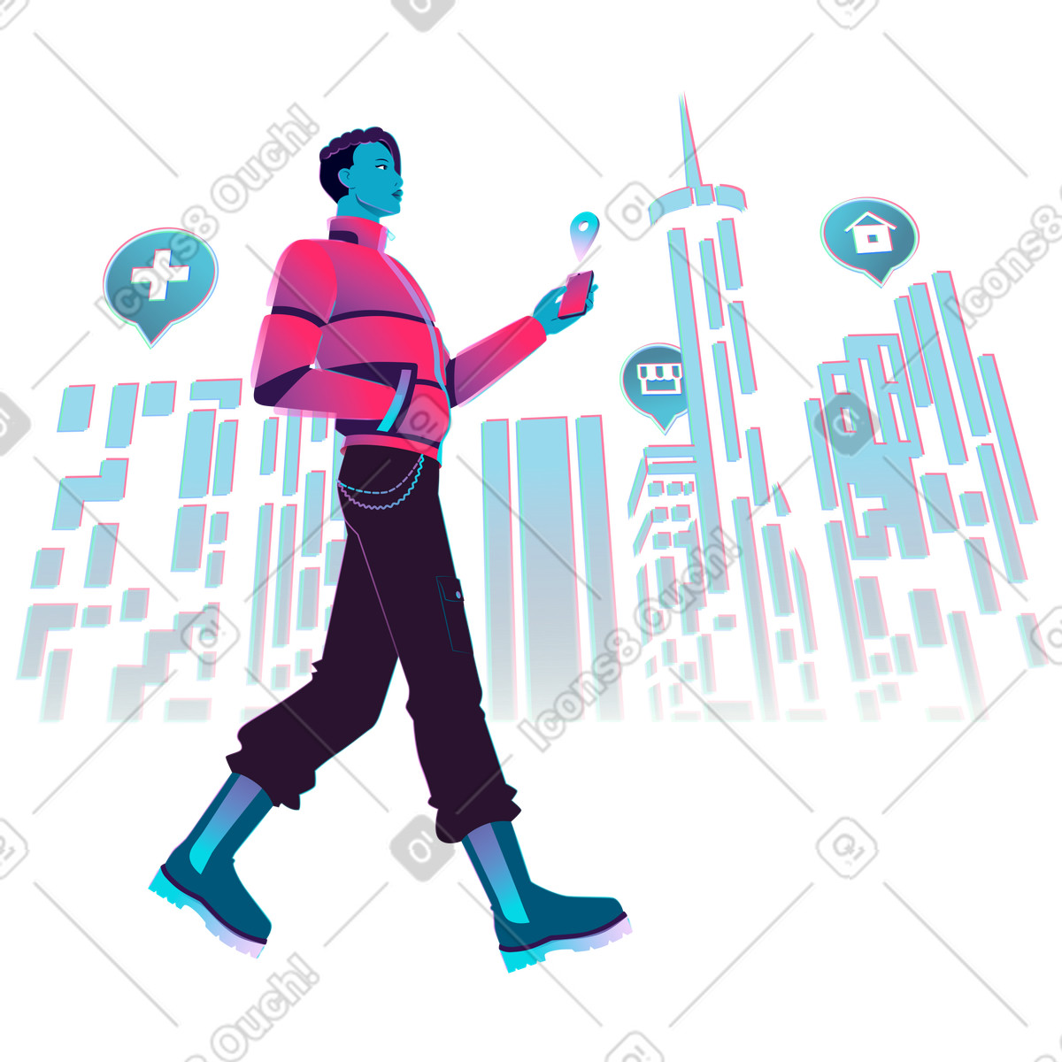 Ilustración Pedestrian using mobile navigation in city, Online maps for city travel en estilo Neon a descargar en PNG y SVG