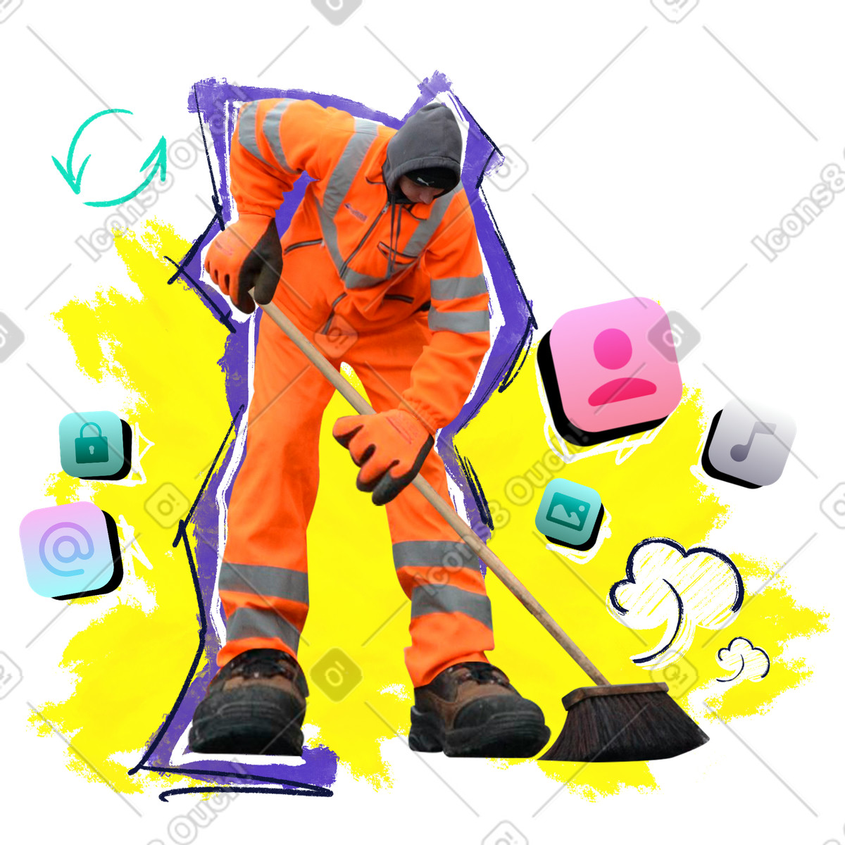 Ilustración Collage abstracto de un hombre limpiando caché en estilo Energy a descargar en PNG y SVG